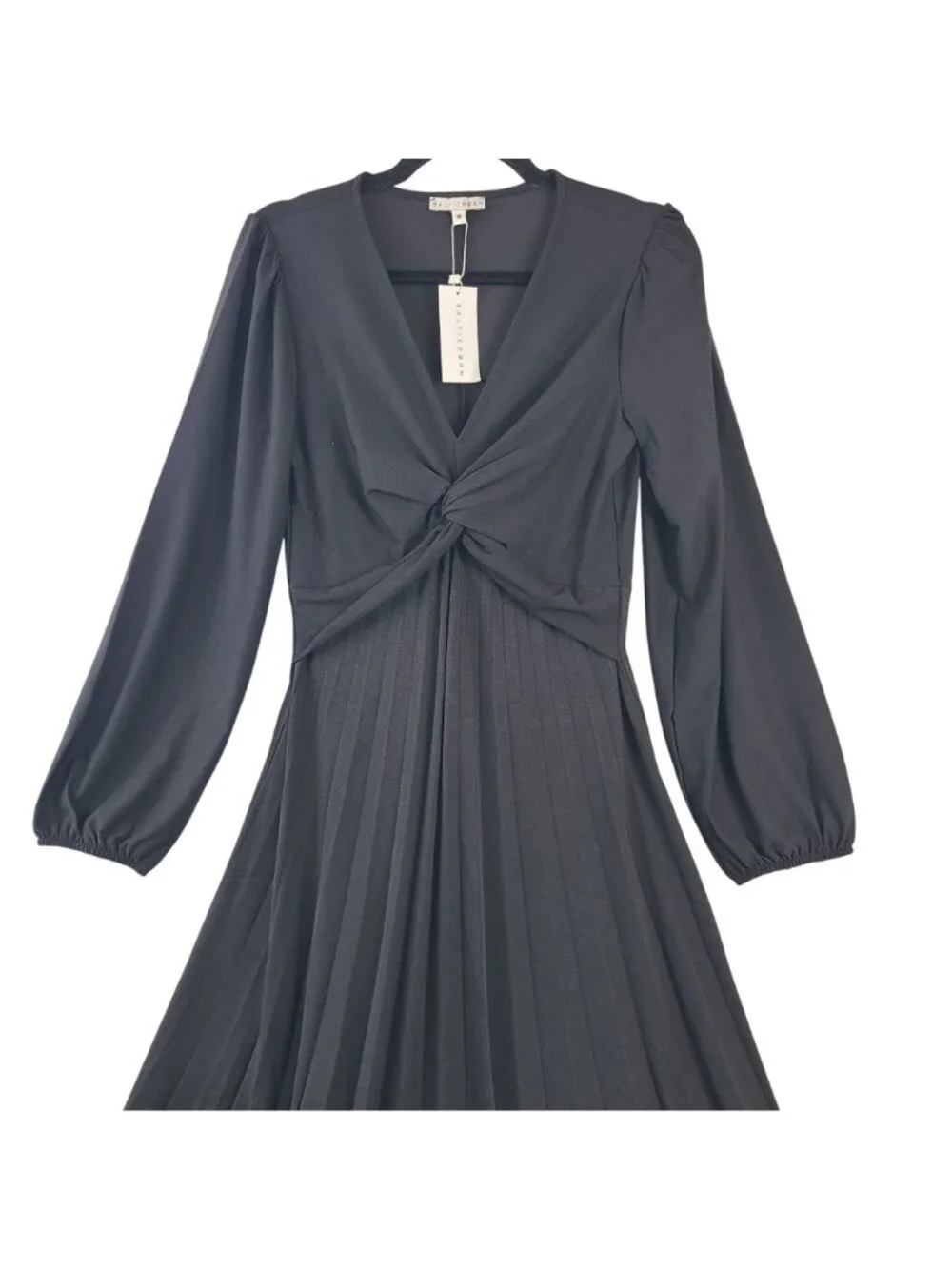 NEW Baltic Born Lynda Pleated Midi Dress Black Long Sleeve Knot Front Sz M